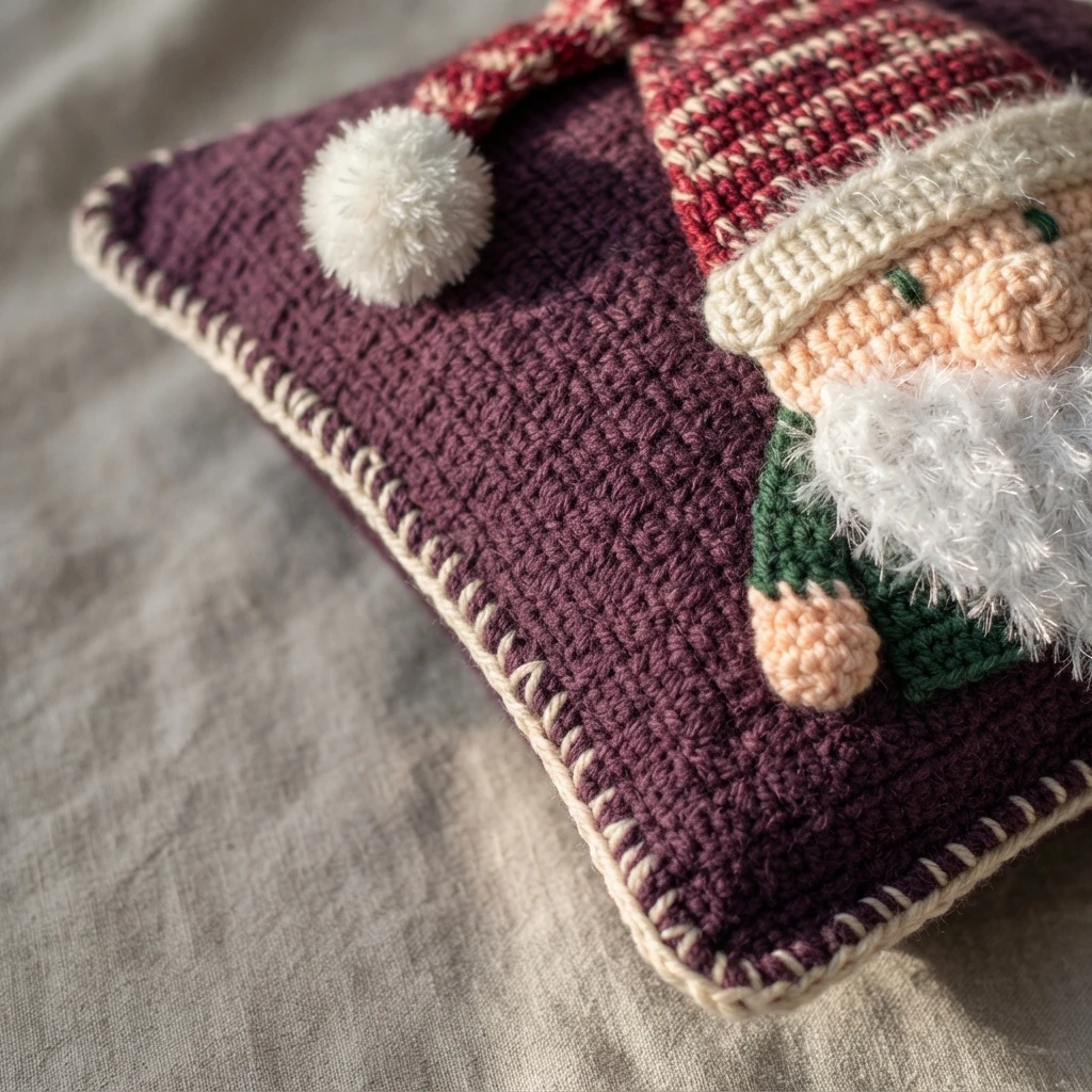 Coussin au crochet bordeaux avec un motif de père Noël en relief, chapeau rouge et crème, barbe blanche duveteuse, bords crème au point de mailles coulées et pompon blanc, posé sur un tissu de lin beige.