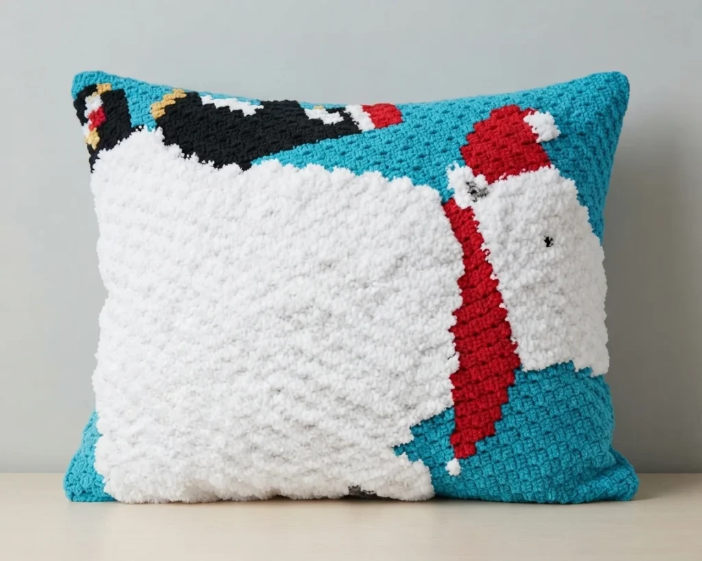 Crocheted pillow with a light blue corner to corner background, a large textured white polar bear shape and a penguin wearing a red Santa hat and a red scarf.