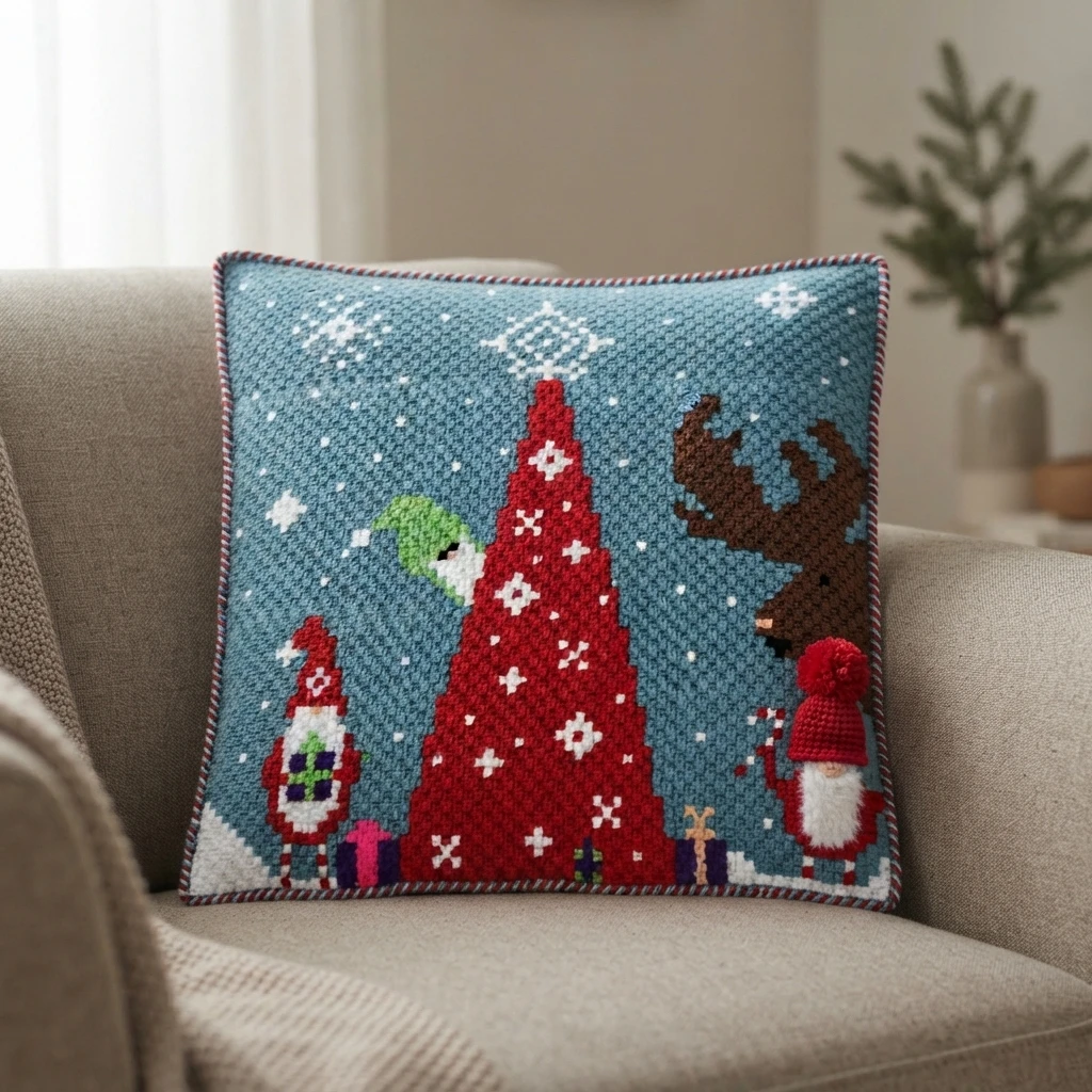 A crocheted pillow resting on a beige couch, showing a light blue background with a red pixel-style Christmas tree, a brown moose, two small gnomes, white snowflakes and a striped red, white and blue border.