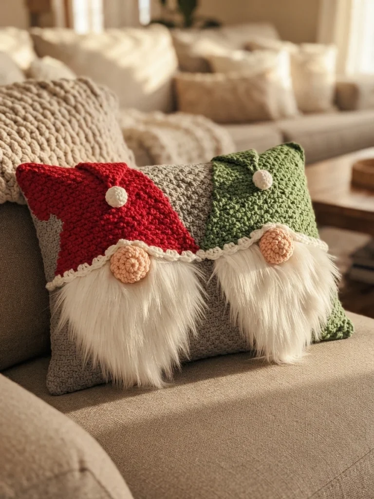 Two crocheted gnome pillows on a sofa, one with a red hat and one with a green hat, each with a small white pom pom, a spiral nose and a long fluffy white beard, resting on grey cushions.