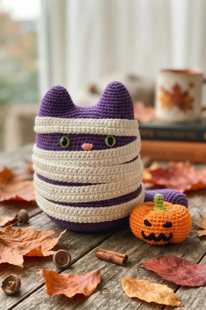 Purple crocheted mummy cat with green eyes beside an orange jack-o’-lantern pumpkin on a wooden surface covered with autumn leaves.