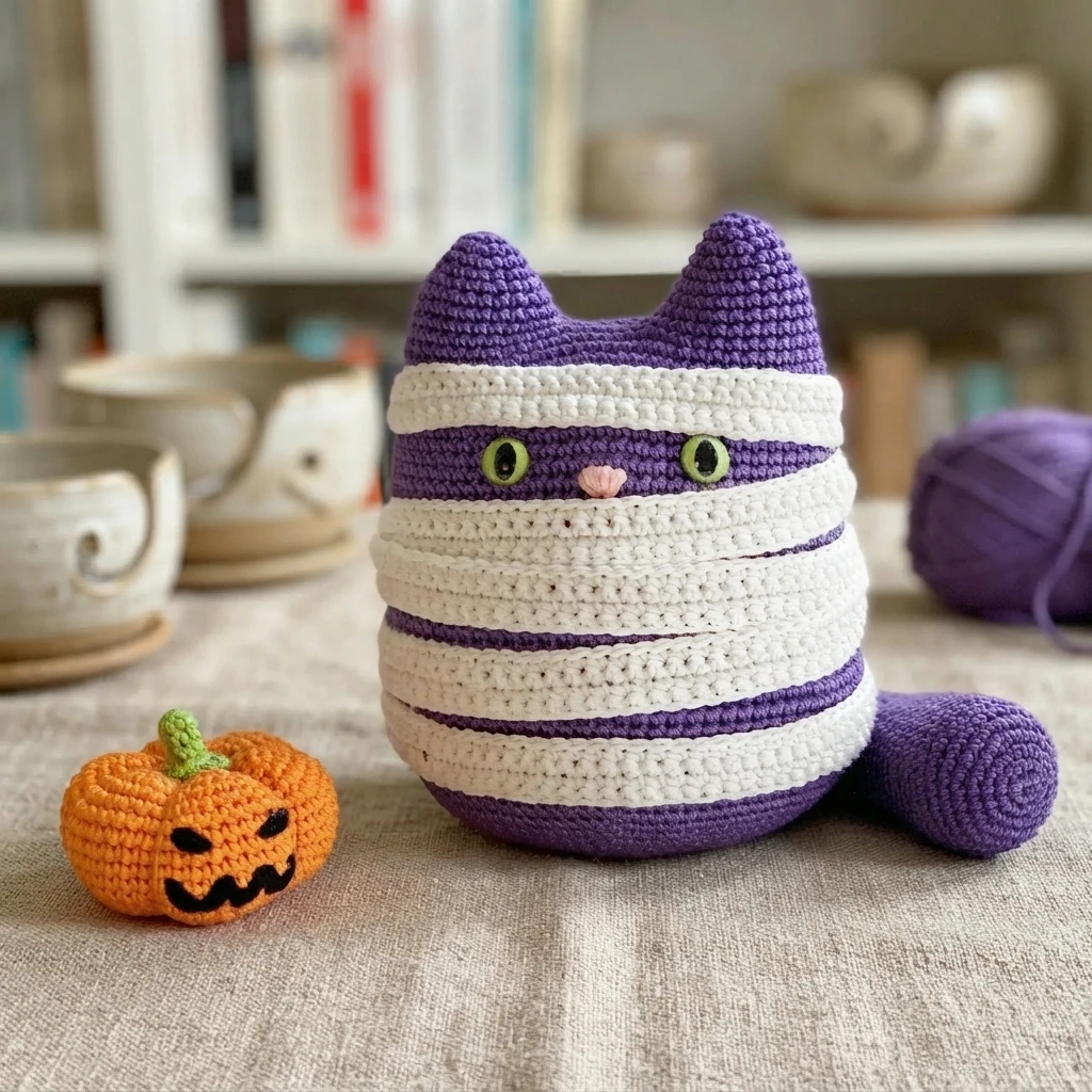 Chat amigurumi violet enveloppé de bandes blanches, accompagné d’une petite citrouille orange au visage souriant, posés sur une table.