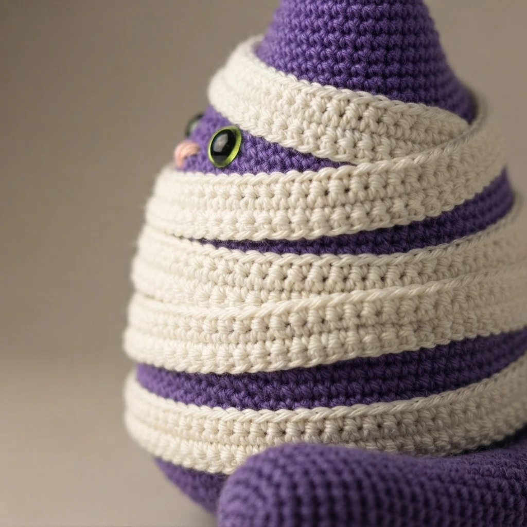 Close-up of a purple crocheted mummy cat wrapped in white bands, with a green eye and pink nose.