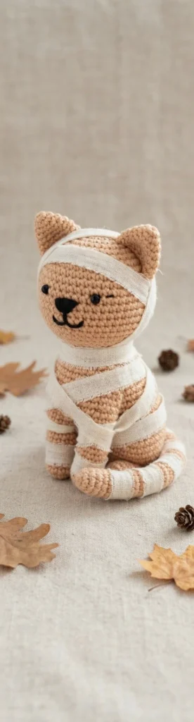 A seated beige crocheted cat dressed as a mummy, with fabric bandages and black facial features, in an autumn setting.