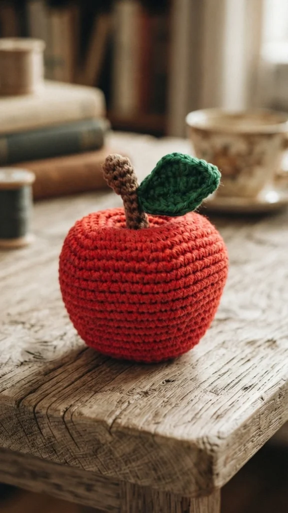 Pomme rouge au crochet avec une tige brune et une feuille verte, posée sur une table en bois.
