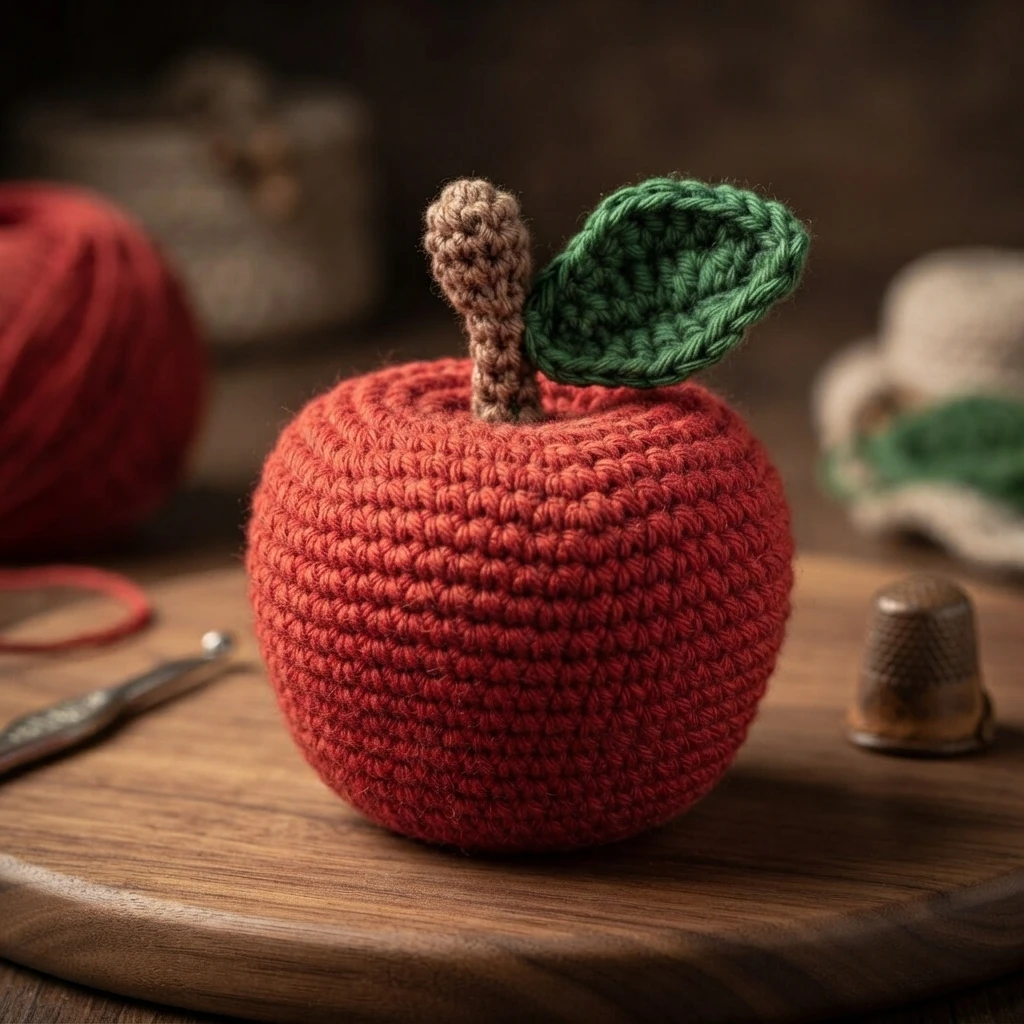 Pomme rouge crochetée avec une tige brune et une feuille verte, posée sur une table en bois parmi du matériel de crochet.