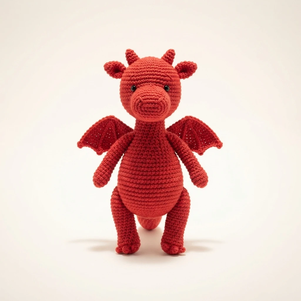Red crocheted dragon amigurumi with small folded wings standing against a plain light background