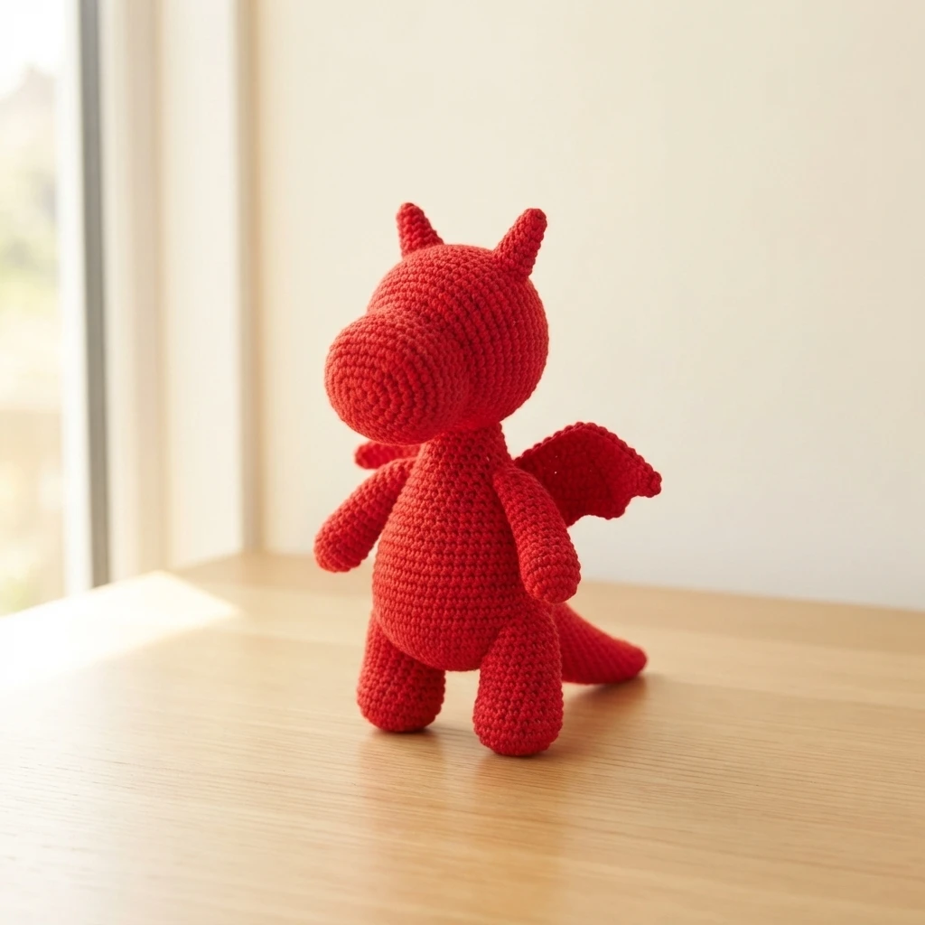 Red crocheted dragon amigurumi with small folded wings, standing on a wooden table near a window.