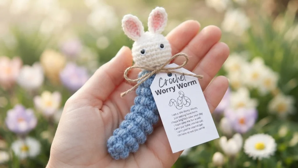 Finished crochet bunny worry worm held in a hand: white crocheted head with pink inner ears and small dark eyes, a blue spiral body, and a small paper tag with printed text tied around the neck with twine, with blurred garden flowers behind