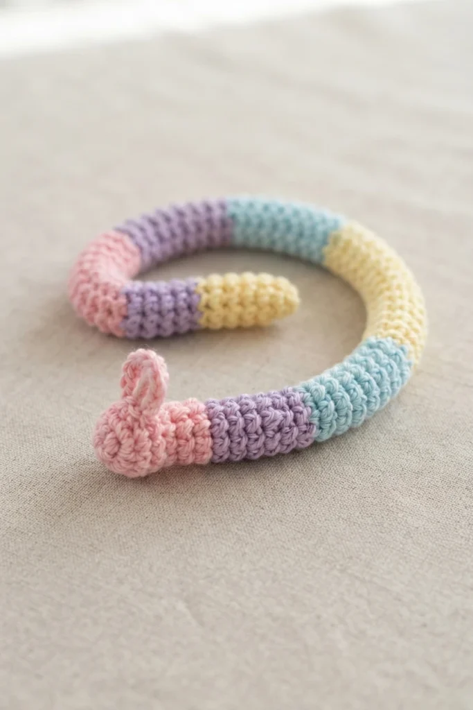 A pastel crochet worry worm with a small bunny head and two ears, worked in pink, lilac, blue and pale yellow colour blocks, lying in a loose curl on a light grey fabric surface.