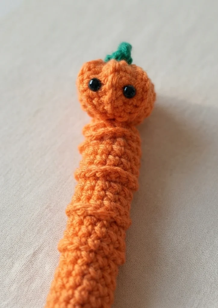 Crocheted orange pumpkin worry worm with two black bead eyes and a small green stem, photographed on a light fabric surface.