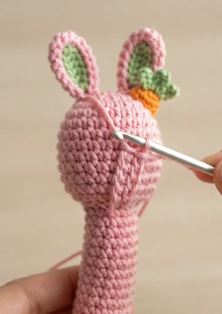 Crocheted pink bunny worry worm held upright with a silver crochet hook still inserted into its body, showing green inner ears and a small crocheted orange and green carrot near the top of the head.