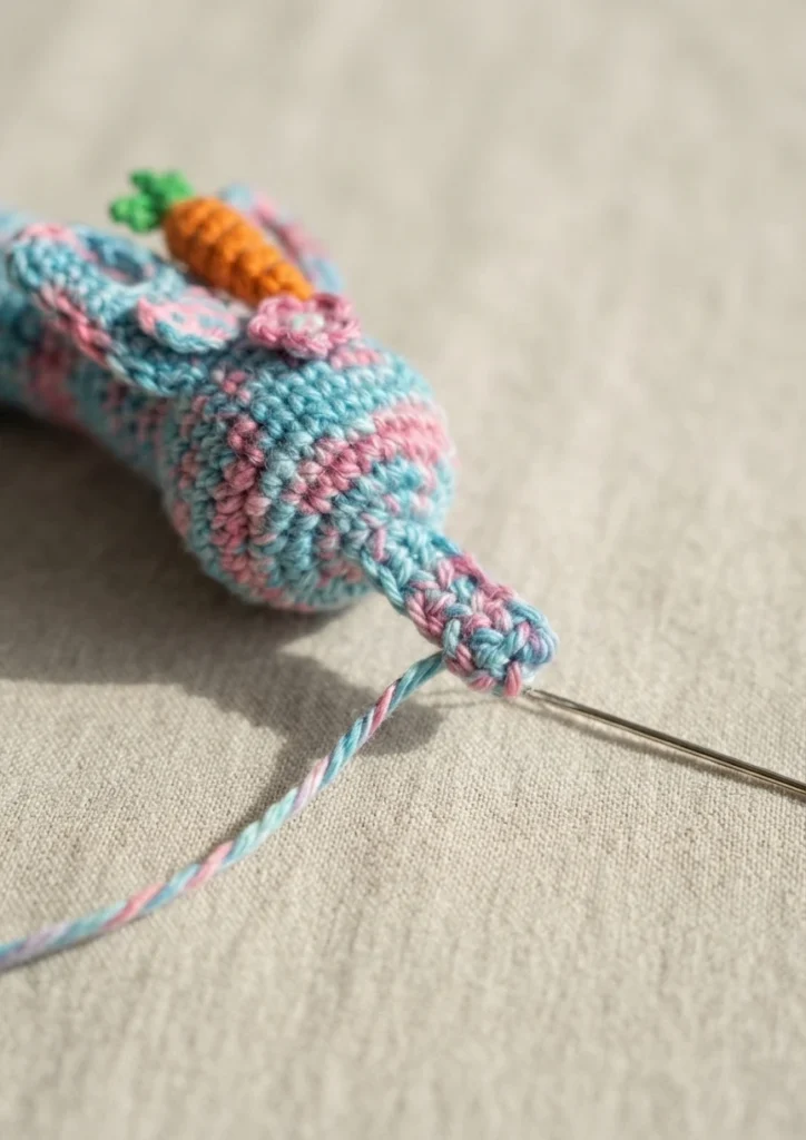 Crocheted worry worm worked in striped blue and pink yarn, with a small crochet carrot and flower details on its body, a tapestry needle threaded through the end of the piece, resting on a beige fabric surface