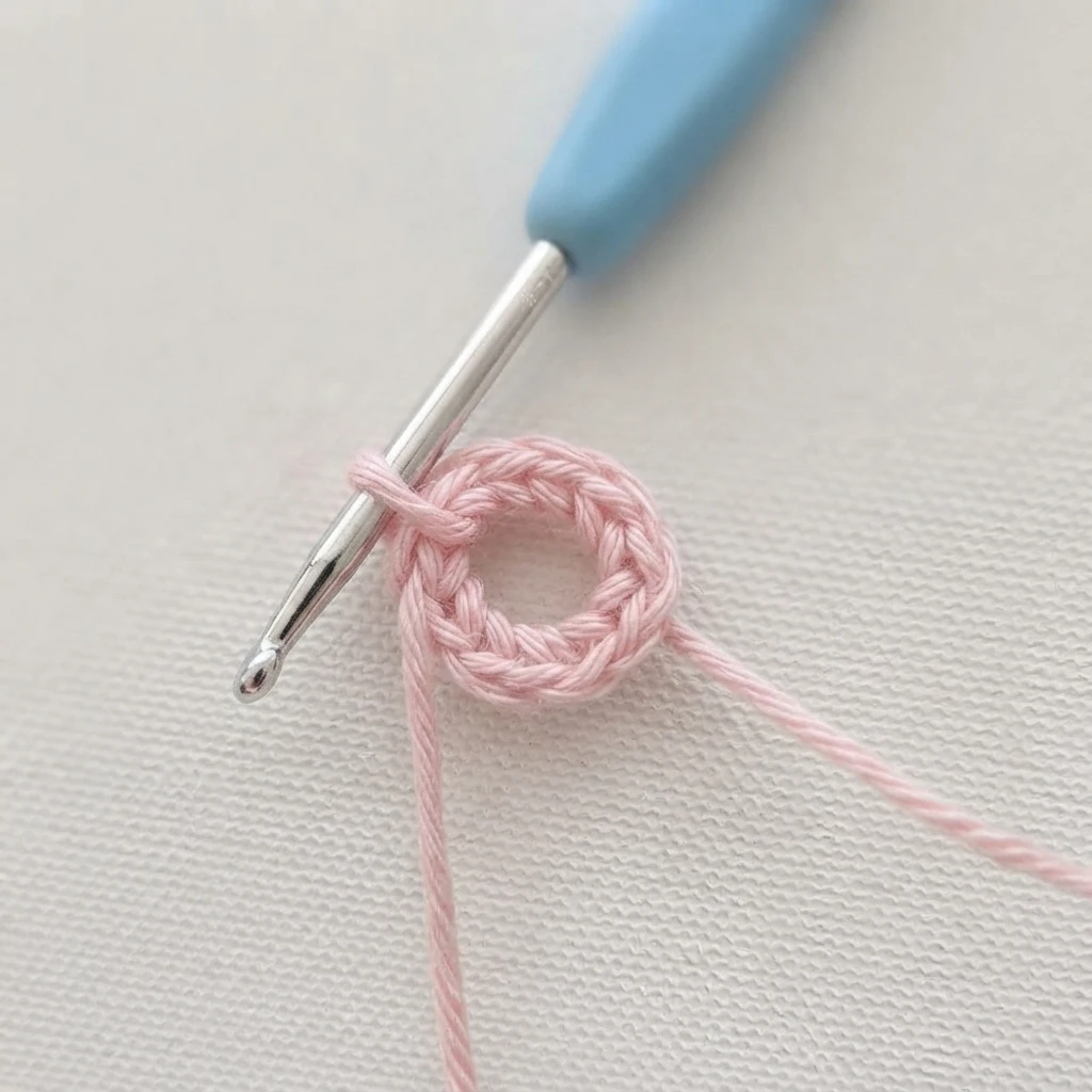 A blue-handled crochet hook holding a ring of pink yarn with a small round of stitches worked around it, resting on a white textured fabric background.
