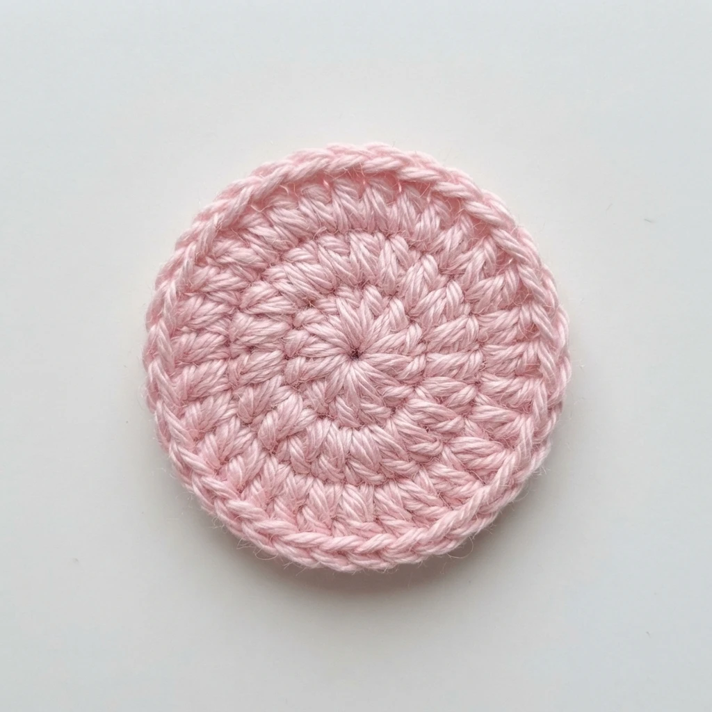 Flat pink crocheted circle worked in the round, viewed from above on a plain white surface