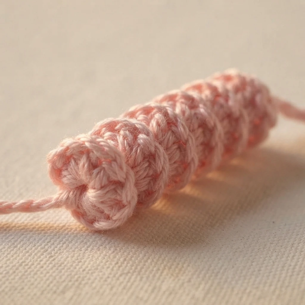 Corps spiralé rose en crochet posé en diagonale sur un tissu beige clair, avec de petits brins de fil dépassant à chaque extrémité.