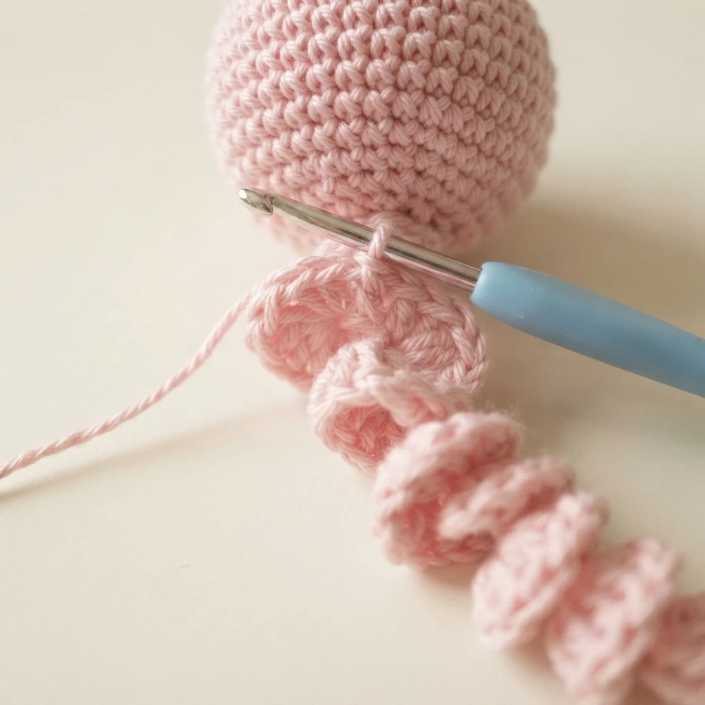 Travail de crochet rose en cours sur fond beige clair: une sphère arrondie en mailles serrées rejointe à une chaîne spiralée bouclée, avec un crochet à manche bleu inséré dans les mailles et le fil de travail qui s'étire sur la gauche.