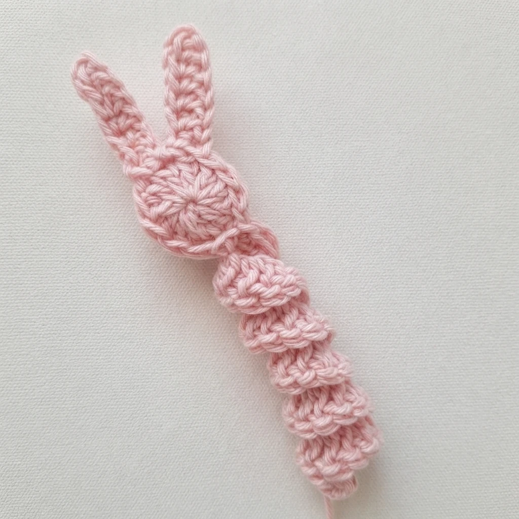 Crocheted pink bunny worry worm with two ears and a coiled spiral body, lying on a white textured surface.