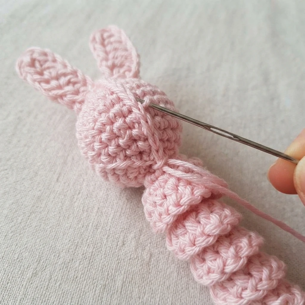 Pink crocheted bunny worry worm with two upright ears and a spiral body, held while a tapestry needle weaves the yarn end into the head on a light grey fabric background.