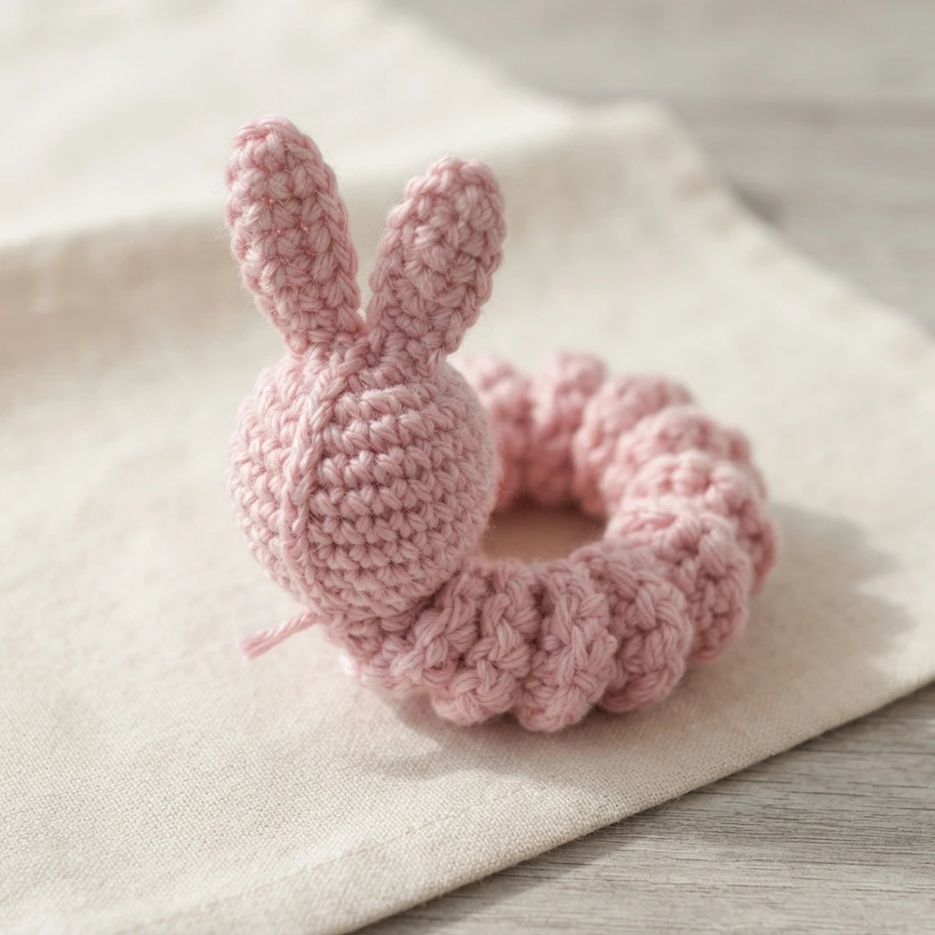 Single pink crocheted bunny worry worm with two upright ears and a curled, spiral body resting on a light fabric surface