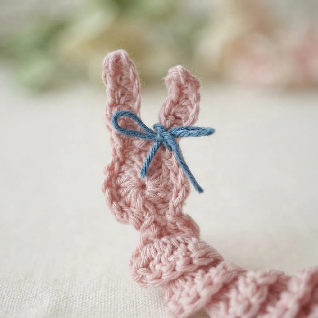 Pink crochet bunny worry worm with a blue yarn bow tied at the base of its ears, lying on a pale surface with a softly blurred floral background.