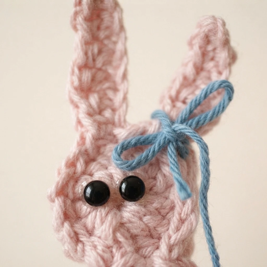 Close-up of a pink crocheted bunny worry worm head with two shiny black glue-on eyes and a blue yarn bow tied near the ears, resting on a plain light background.