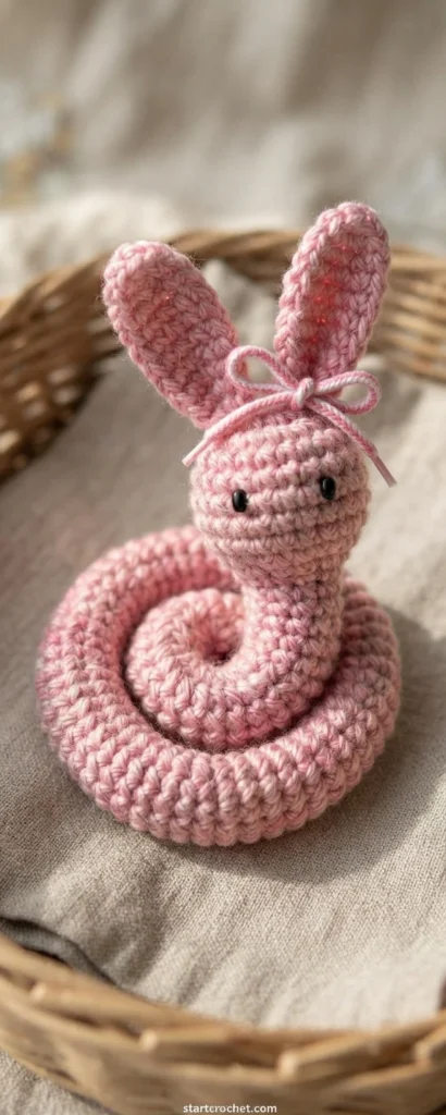 Lapin worry worm rose au crochet, oreilles dressées, yeux en perles noires et petit nœud rose sur la tête, corps enroulé en spirale posé dans une corbeille en osier sur un tissu de lin beige.