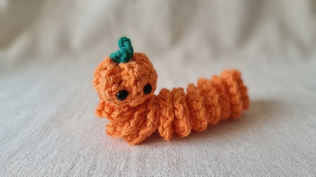 Finished crocheted pumpkin worry worm in orange yarn with black bead eyes and a small green stem, resting on a light textured cloth.