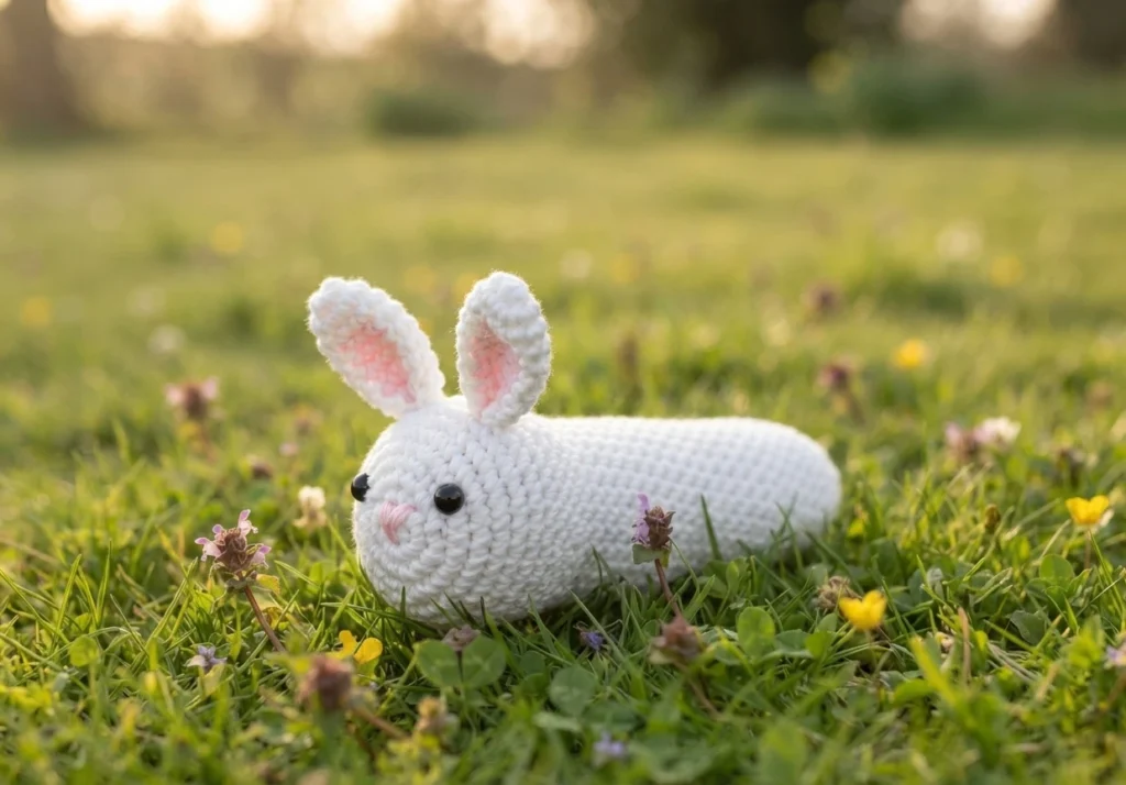 White crocheted bunny with pink inner ears and black bead eyes resting on green grass among small wildflowers