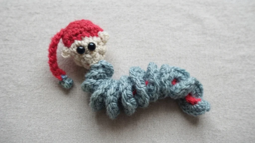 Crocheted worry worm with a blue-grey spiralled body, a white face, two black bead eyes and a red Santa-style hat with a blue-grey pom-pom at the tip, lying flat on a pale textured fabric.