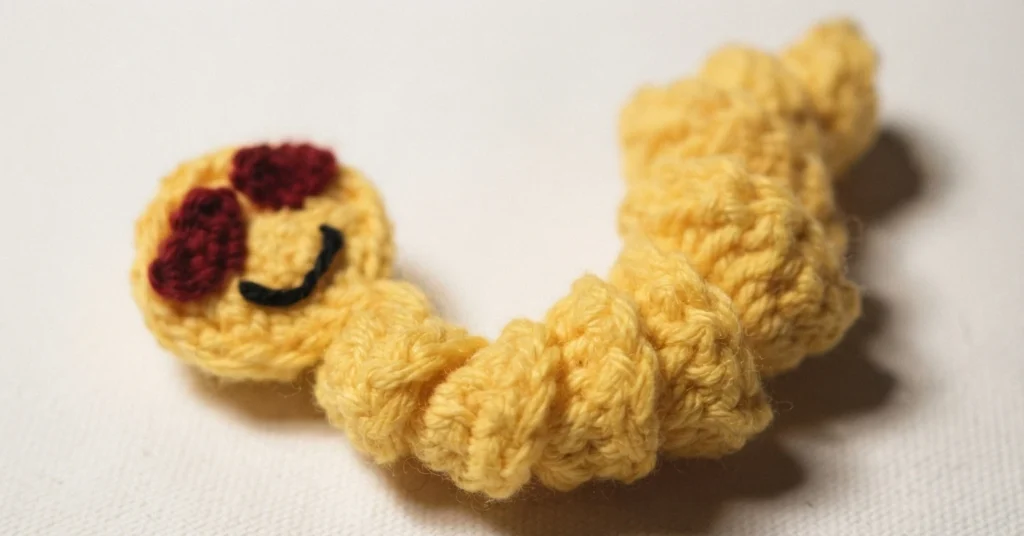 Yellow crocheted worry worm with two red heart shaped eyes and a black stitched smile, curled on a white fabric surface
