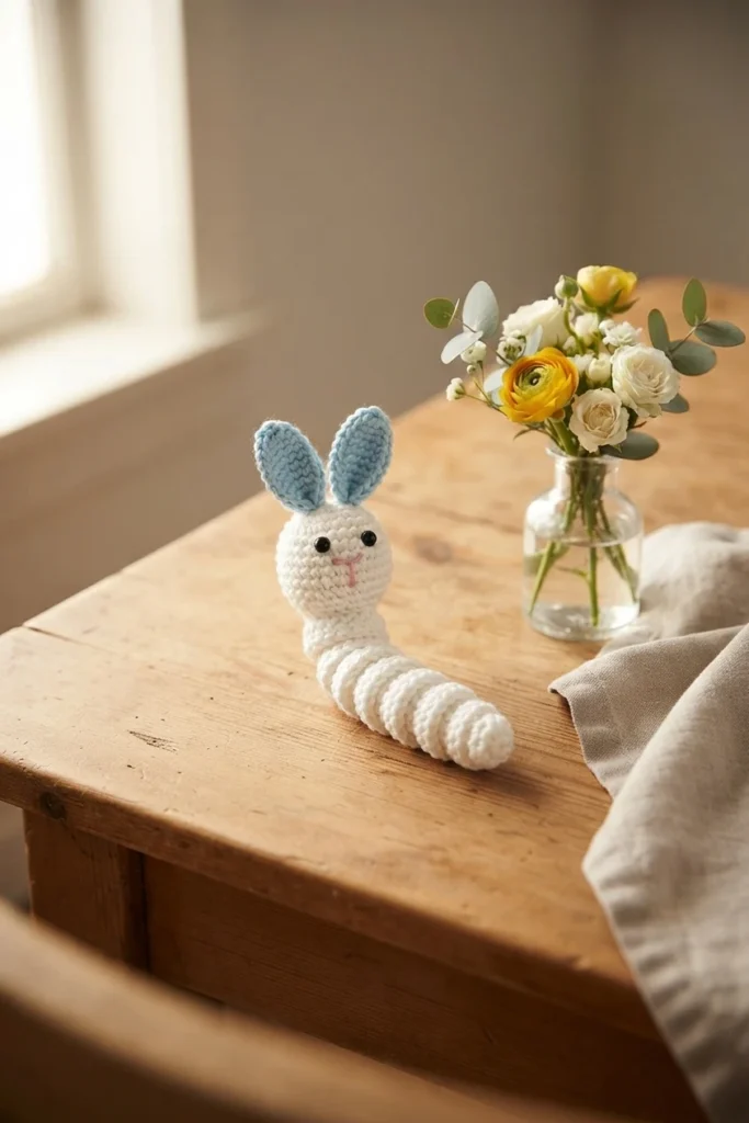 Small white crocheted bunny worry worm with light blue ears, black bead eyes and a pink stitched nose, resting on a wooden table next to a glass vase of yellow and white flowers and a folded linen cloth.
