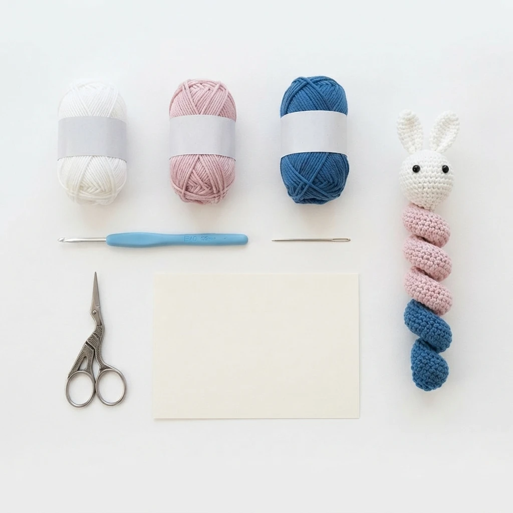 Flat lay of three yarn balls in white, pink and blue with plain grey labels, a blue crochet hook, a tapestry needle, small metal scissors, a blank piece of card and a crocheted bunny worry worm with a white head and a body alternating pink