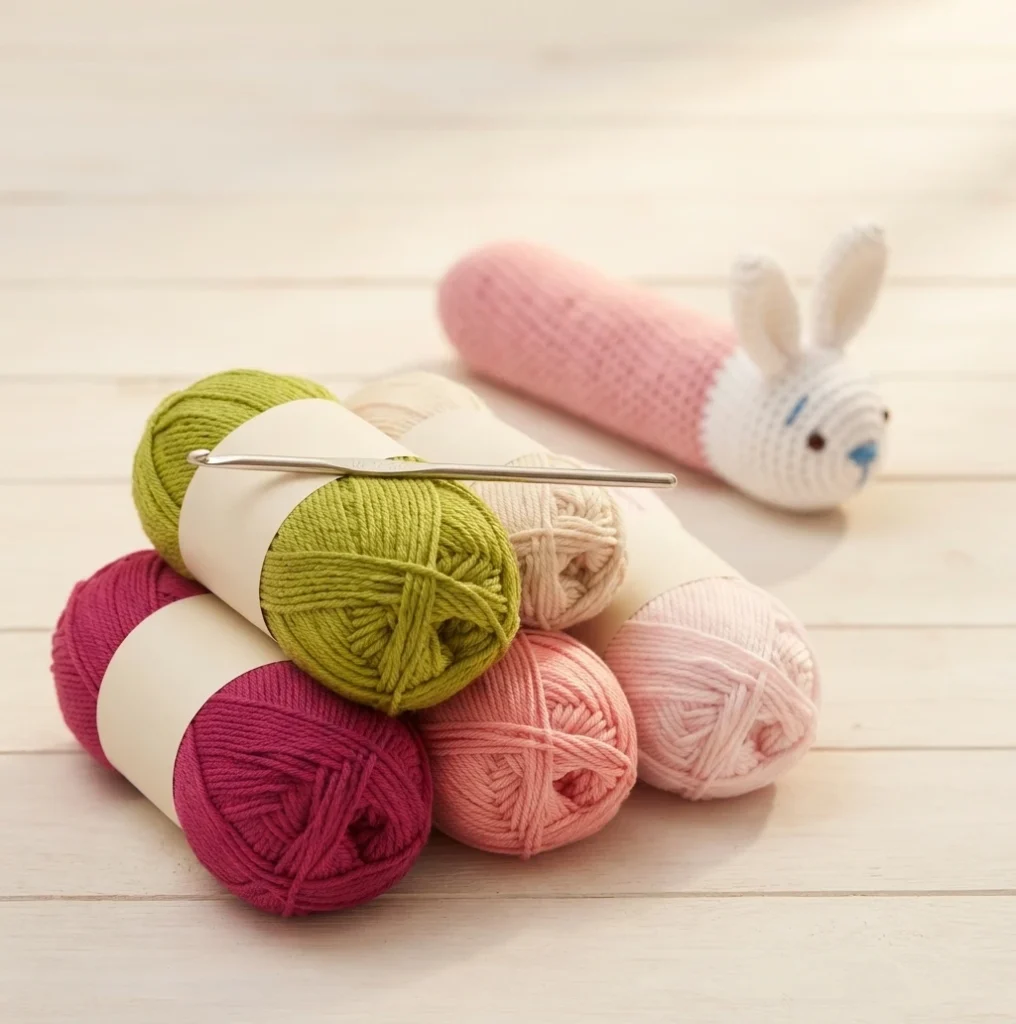 Five balls of yarn in green, beige, magenta, pink and pale pink stacked on a pale wooden surface with a metal crochet hook lying across them, and a small crocheted bunny with a white head and pink tube body in the background.