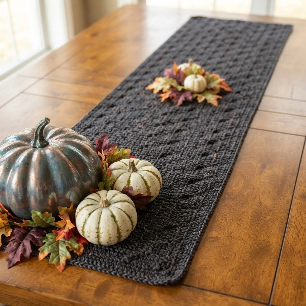A charcoal crocheted table runner on a wooden table, decorated with pumpkins and autumn leaves.