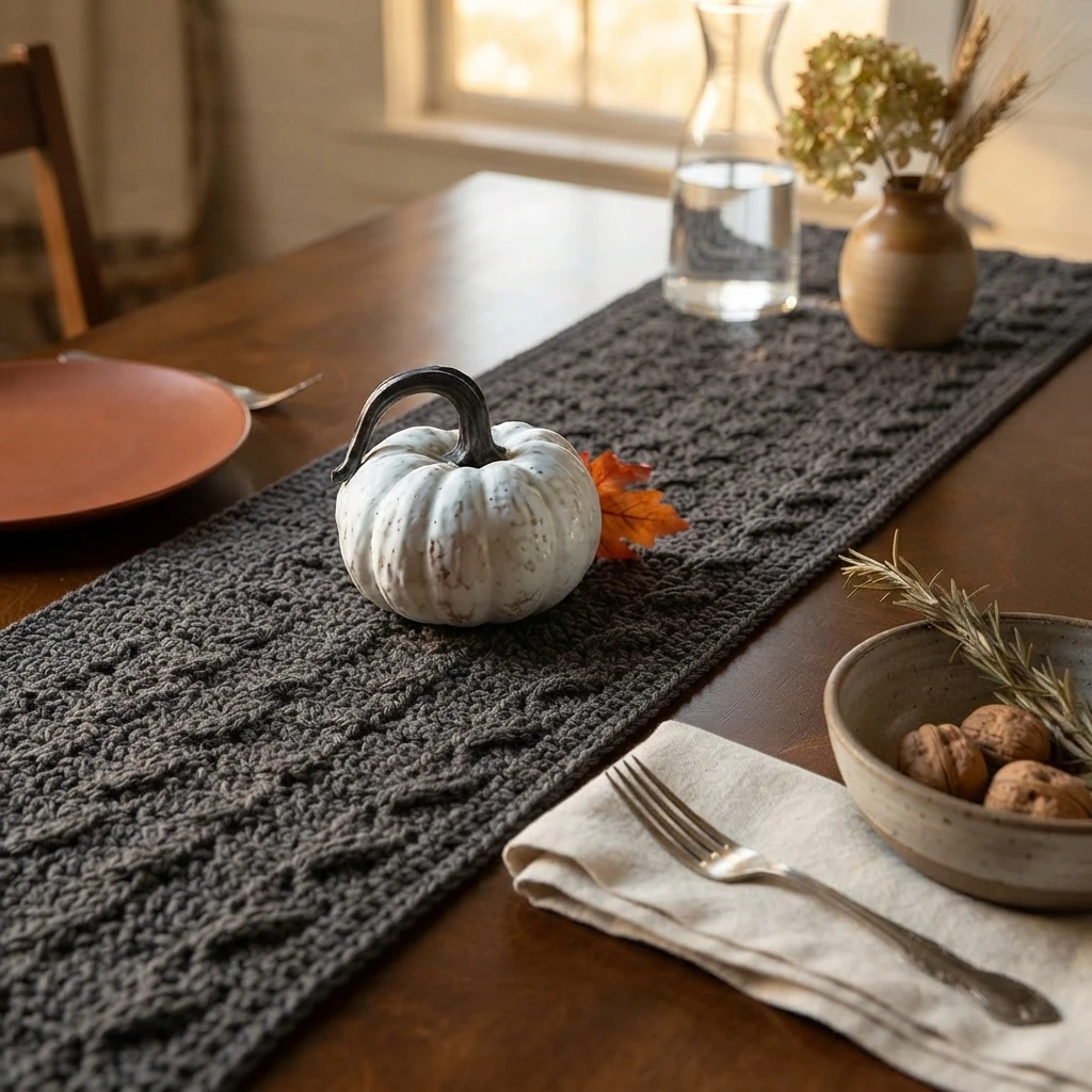 A charcoal crocheted table runner with a raised openwork pattern lies across a wooden dining table, decorated with a white pumpkin, an autumn leaf, a vase and tableware.