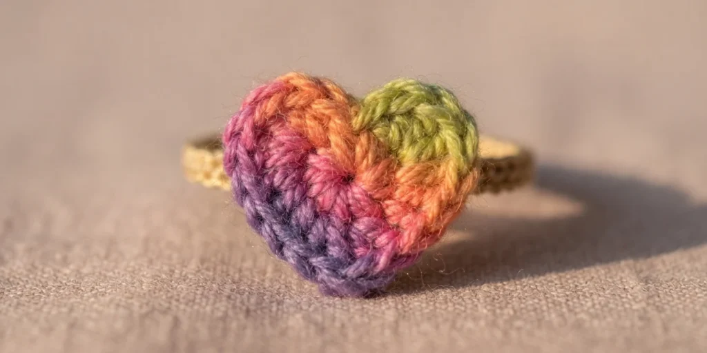 Crocheted heart ring in multicolor yarn on a beige band, resting on fabric in warm sunlight