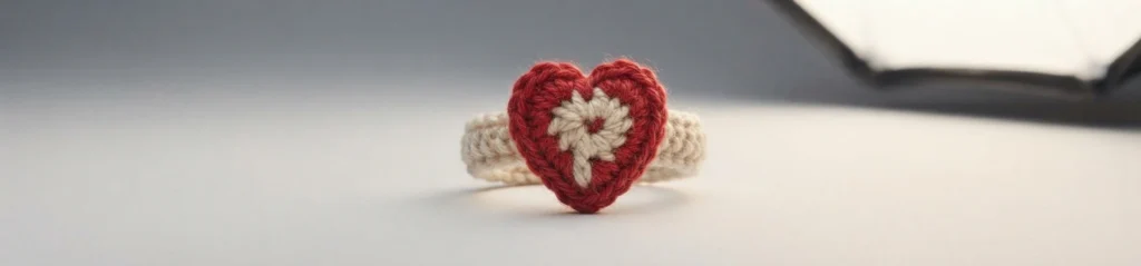 Crocheted heart ring with a red heart and cream flower motif on a cream band