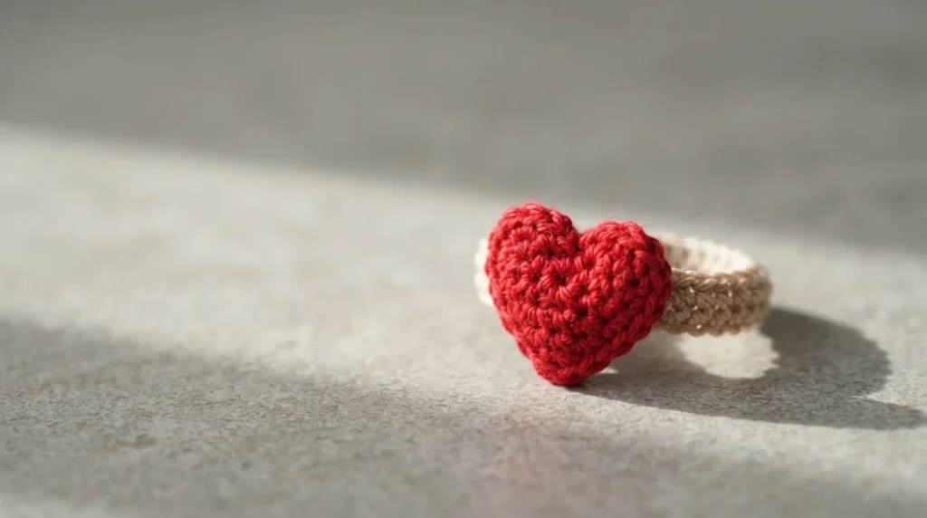 A crocheted ring with a solid red heart top on a beige band, resting on a soft grey surface in gentle light.