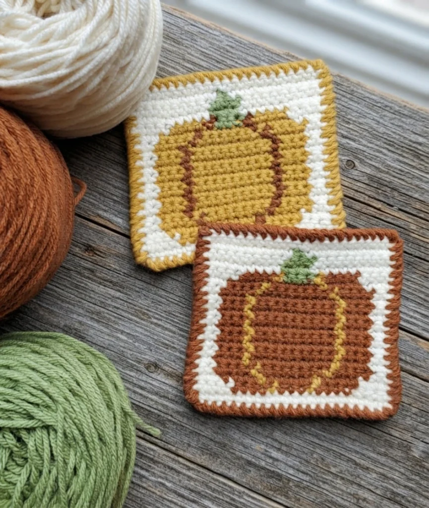 Two square crochet pumpkin coasters with green stems sit on a wooden surface among balls of cream, rust, green, and mustard yarn.
