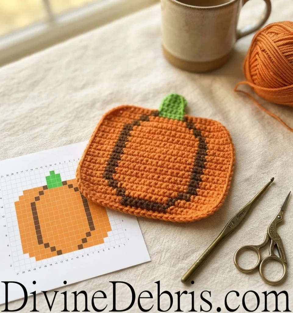 Dessous de verre au crochet orange en forme de citrouille, avec des côtes brunes et une tige verte, posé sur une grille de motif près d’une pelote, d’un crochet et de ciseaux.