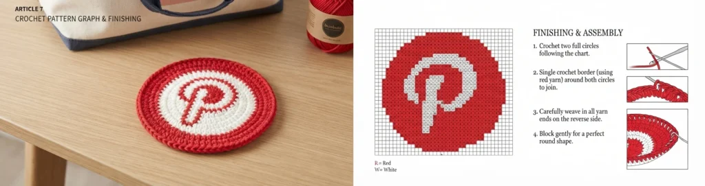 A red and white circular crochet coaster with a P logo beside a color chart and finishing instructions.