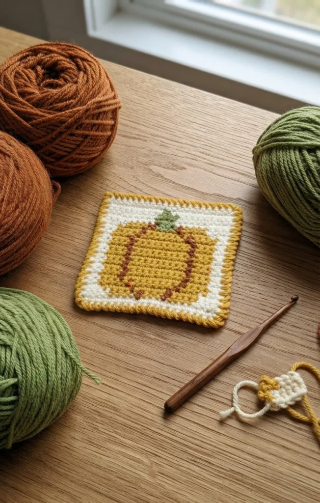 A square crocheted coaster with a yellow pumpkin, white background, and green stem rests on a wooden table beside yarn and a crochet hook.