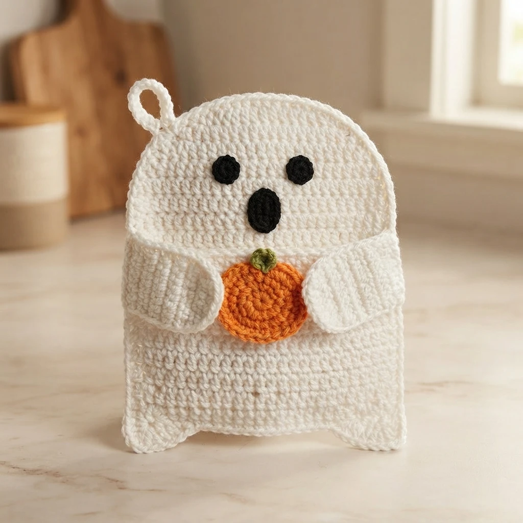 White crochet ghost pot holder with black eyes and mouth, holding a small orange crochet pumpkin with a green stem, hanging loop at the top, standing on a light kitchen counter with a wooden board and jar in the background