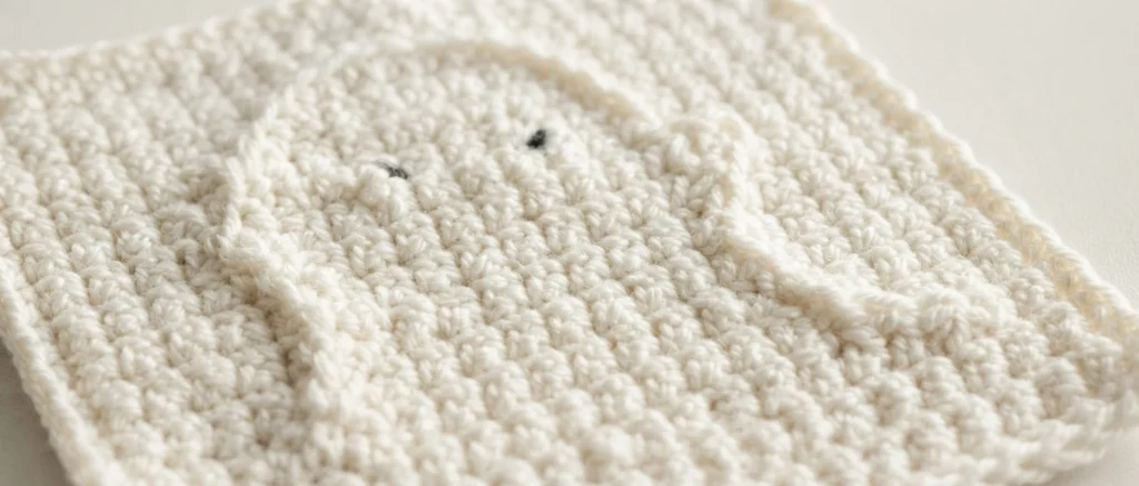 Carré crocheté en coton blanc écru, vu en plan serré, avec une poche avant et deux petits points noirs brodés formant les yeux, posé à plat sur une surface claire.