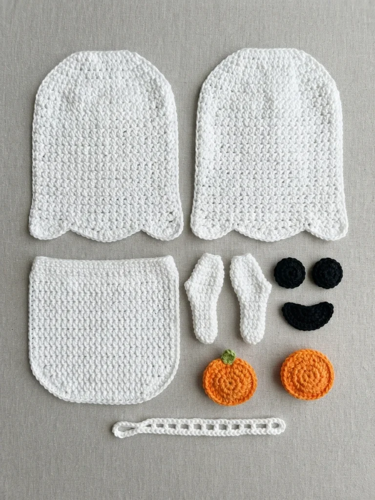 Flat lay of crocheted ghost pot holder pieces before assembly on a gray fabric background: two white scalloped panels, a white pocket panel, two white arm shapes, two black eye circles, a black mouth, two orange pumpkin circles (one with a