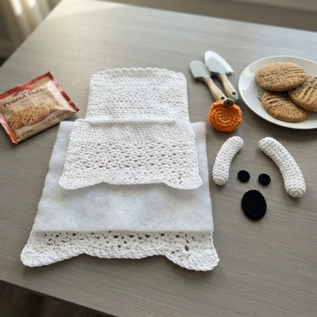 Flat lay of crochet ghost pot holder pieces on a light wood table: two white crocheted panels over white batting, a pocket panel, a small orange crocheted pumpkin, two white arm pieces, two black round eyes and a black mouth, beside two spa