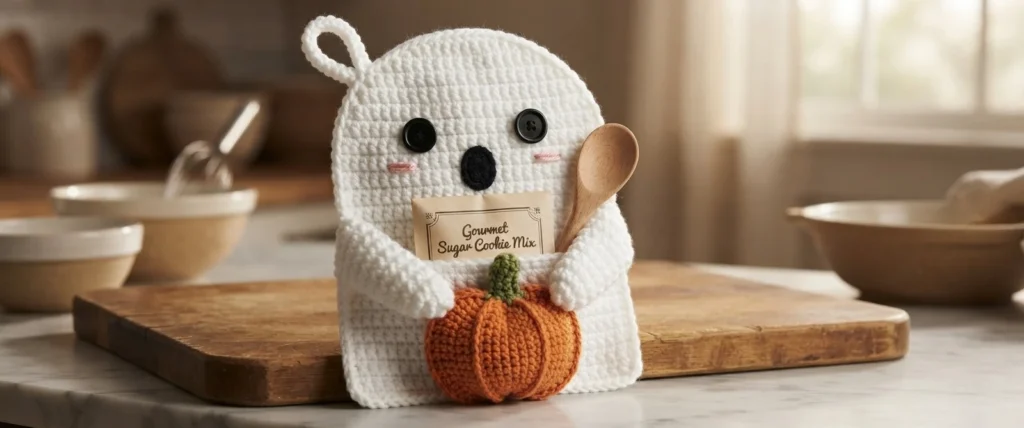 Crocheted white ghost pot holder with a front pocket holding a cookie mix packet and a wooden spoon, black button eyes, pink blush, and an orange crocheted pumpkin attached at the front, standing on a kitchen counter.