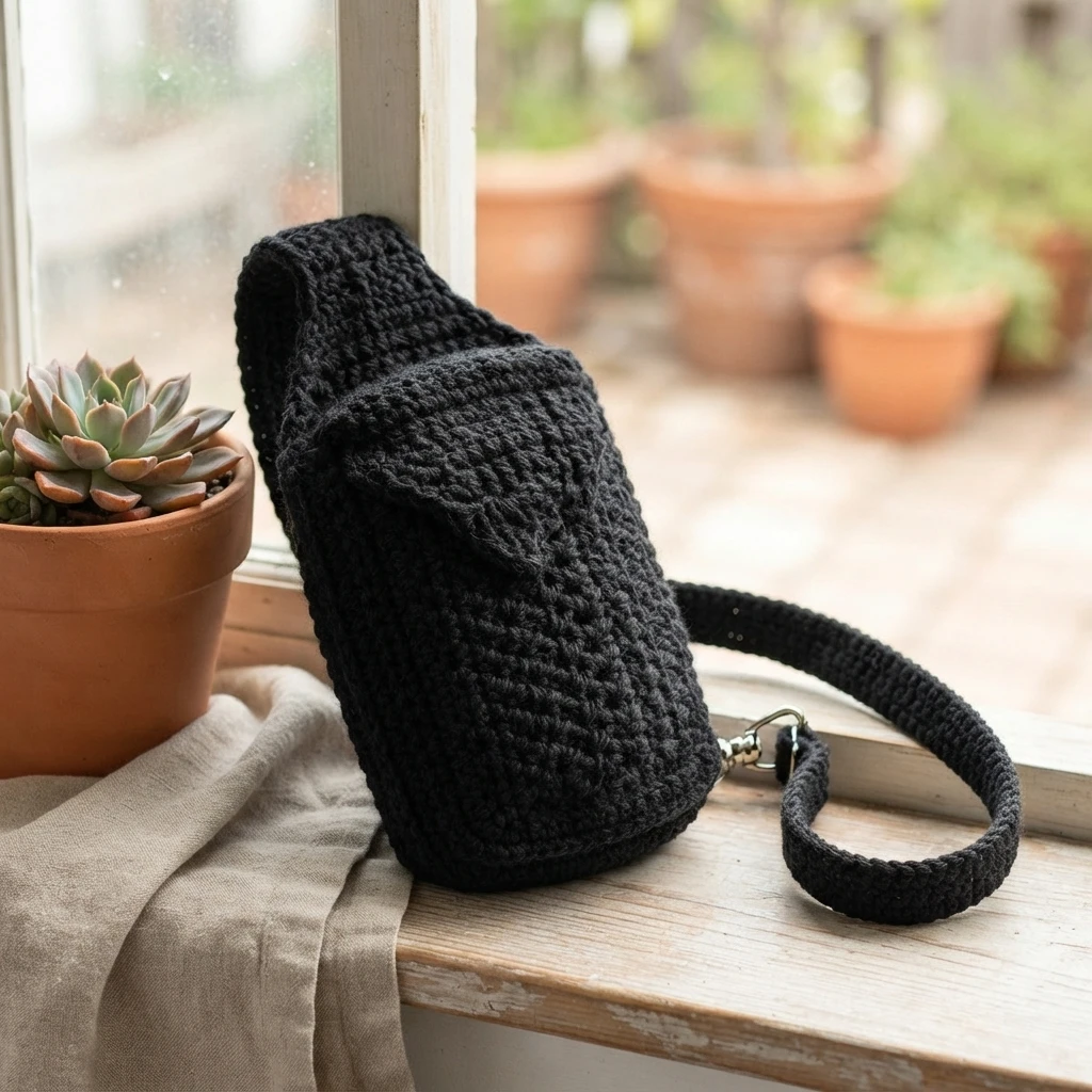 Black crocheted cross-body bag with a long strap, displayed beside a potted plant on a windowsill.