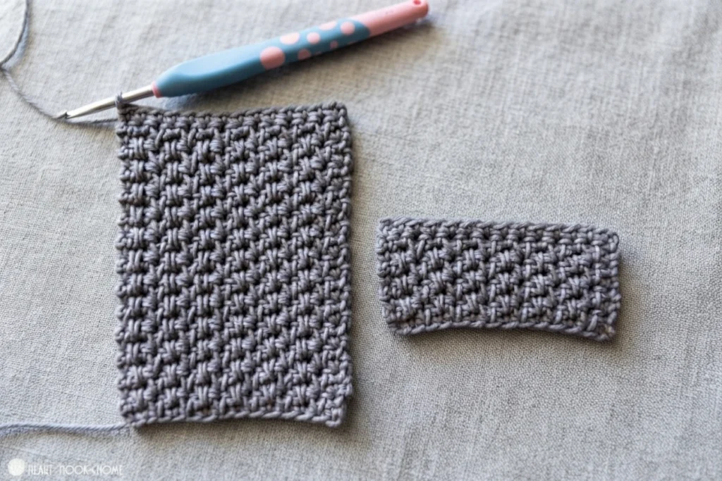 Deux pièces rectangulaires grises au crochet et un crochet posé à côté.